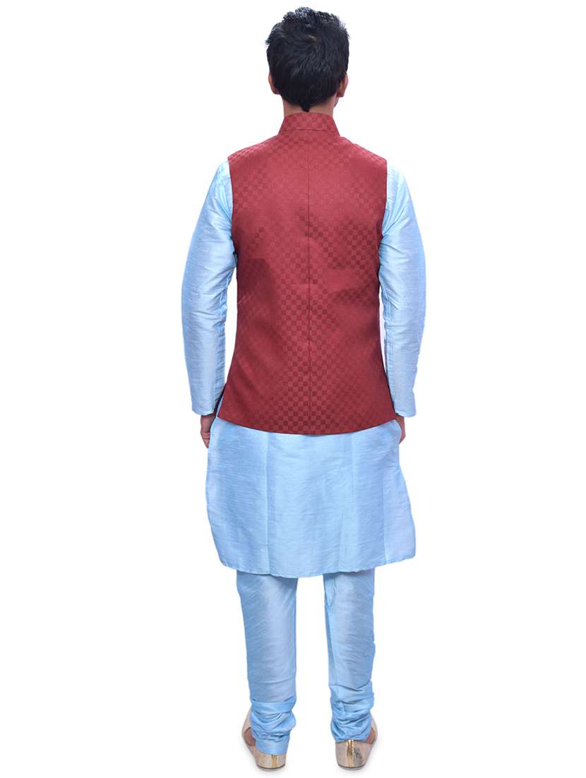 sky blue silk blend kurta pyjama with jacket ethnic wear set - 19188140 -  Standard Image - 2