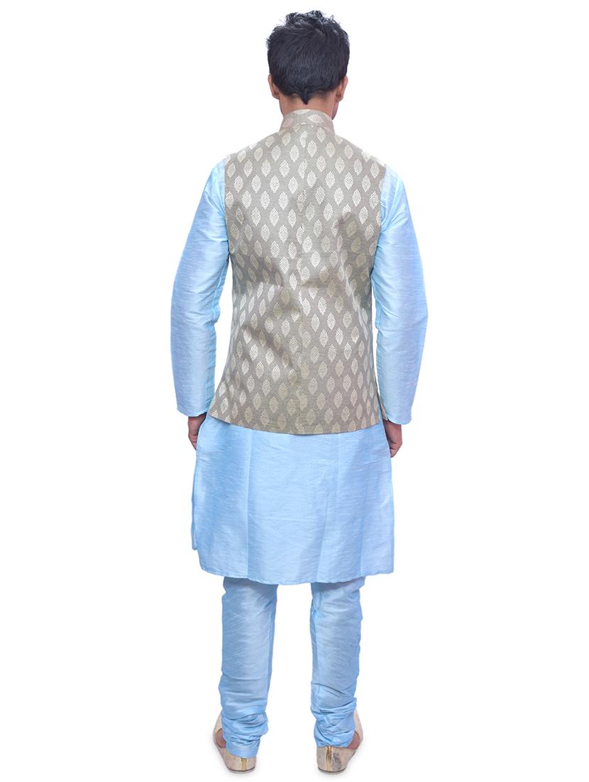 sky blue silk blend kurta pyjama with jacket ethnic wear set - 19188148 - Standard Image - 2
