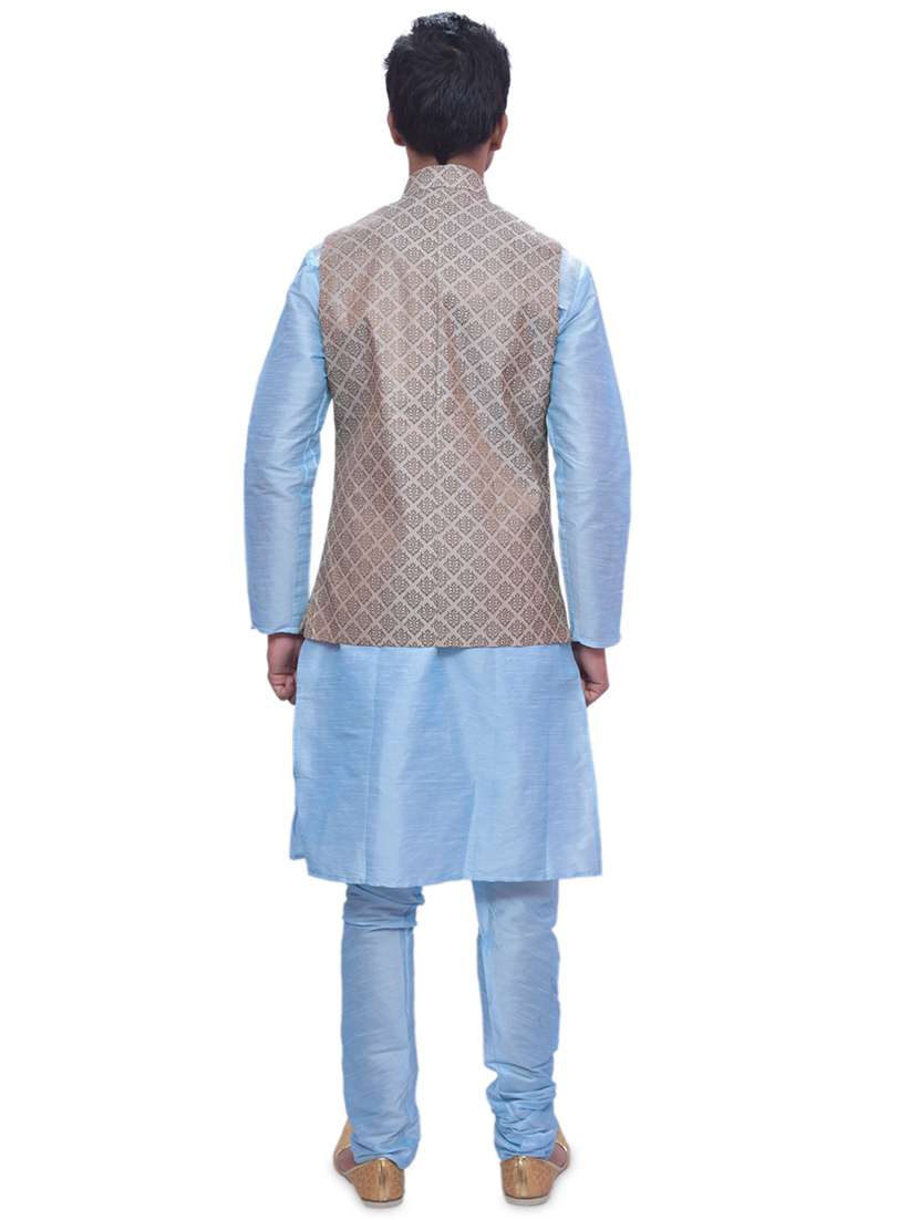sky blue silk blend kurta pyjama with jacket ethnic wear set - 19188152 - Standard Image - 2