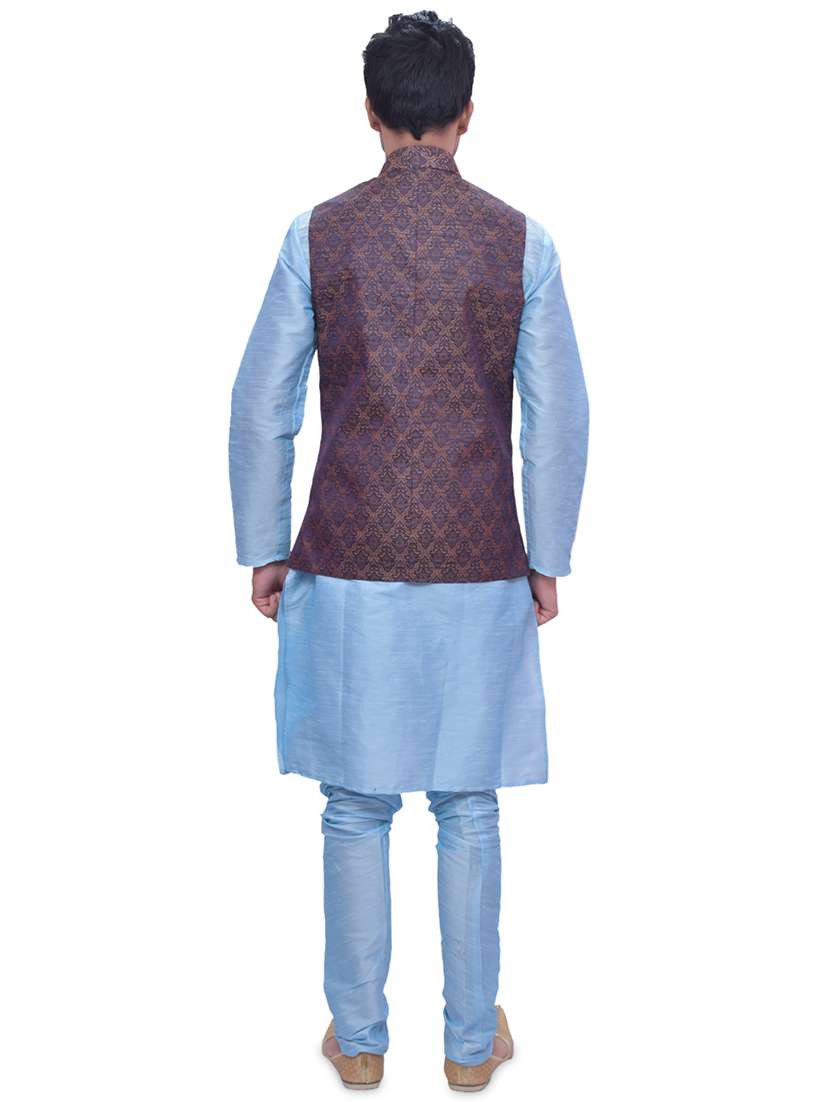 sky blue silk blend kurta pyjama with jacket ethnic wear set - 19188163 -  Standard Image - 2