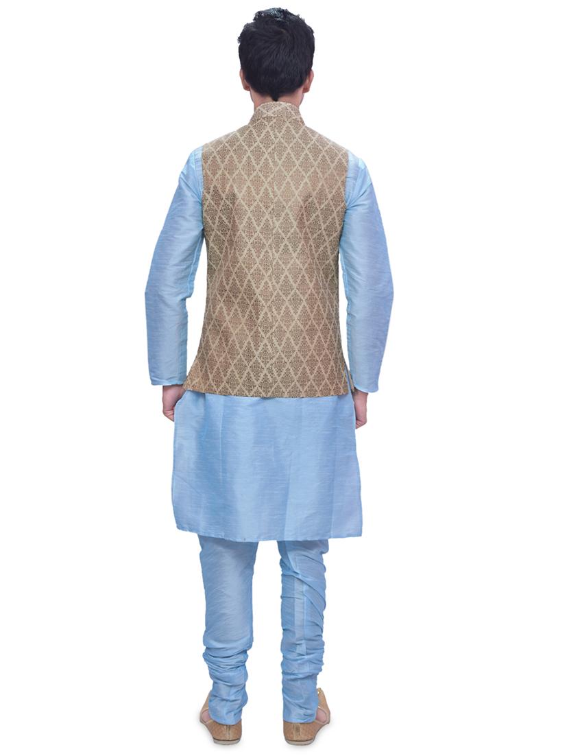 sky blue silk blend kurta pyjama with jacket ethnic wear set - 19188165 - Standard Image - 2