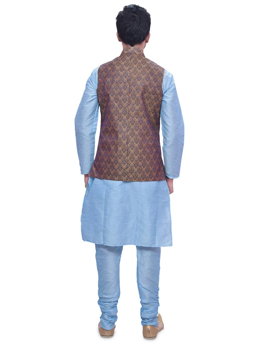 sky blue silk blend kurta pyjama with jacket ethnic wear set - 19188172 - Standard Image - 2