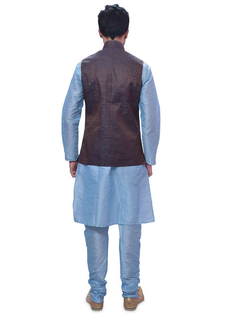 sky blue silk blend kurta pyjama with jacket ethnic wear set - 19188183 -  Standard Image - 2