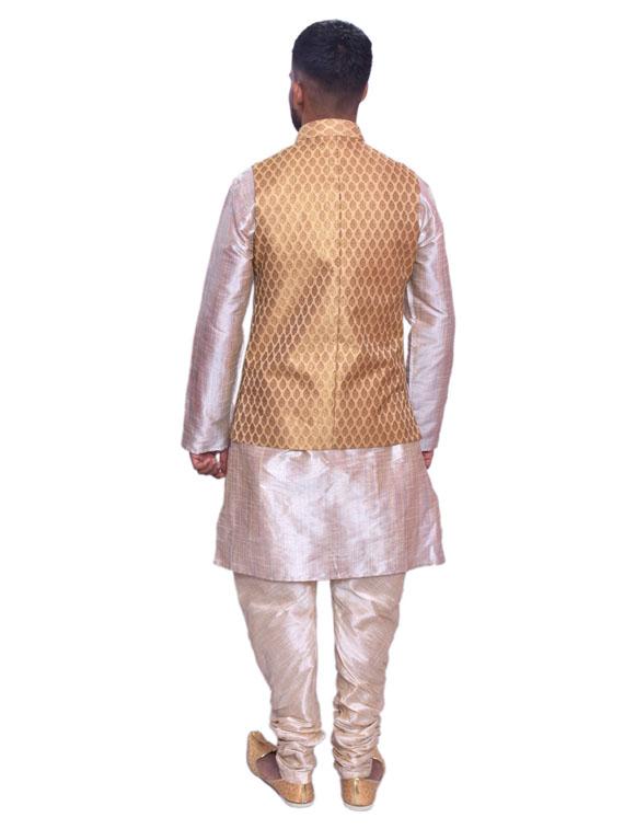 gold silk blend kurta pyjama with jacket ethnic wear set - 19188229 - Standard Image - 2