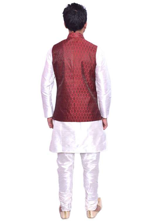 cream silk blend kurta pyjama with jacket ethnic wear set - 19188241 -  Standard Image - 2