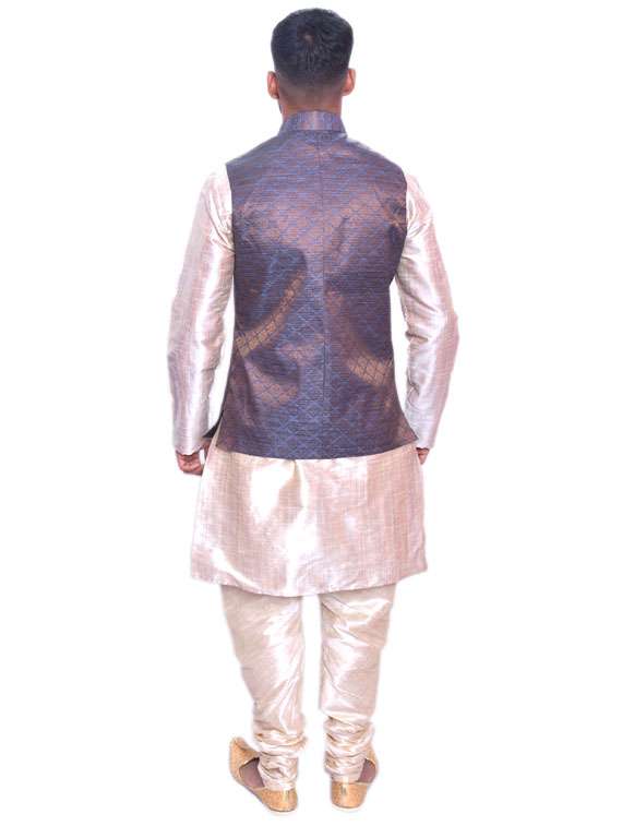 gold silk blend kurta pyjama with jacket ethnic wear set - 19188250 - Standard Image - 2