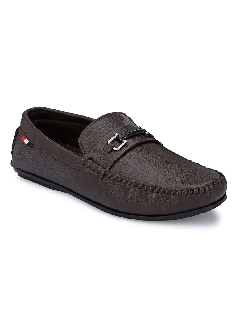 brown synthetic slip on loafers