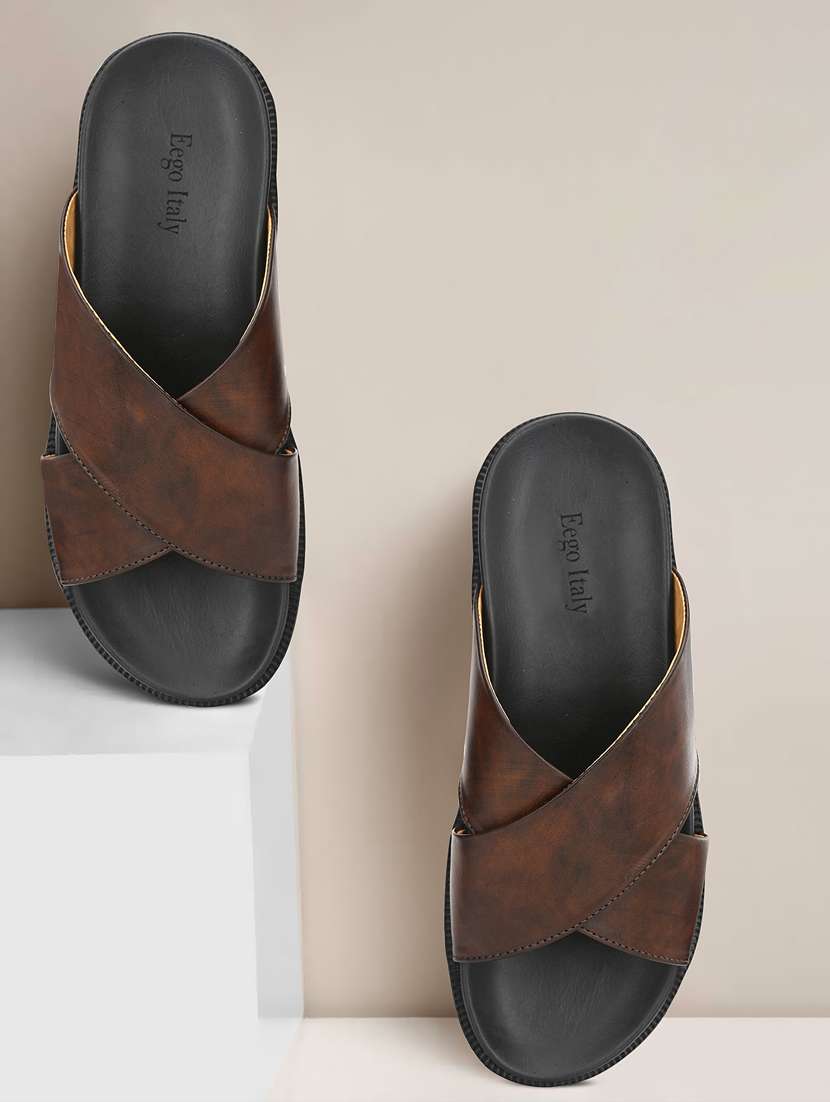 brown synthetic & mesh slip on slippers