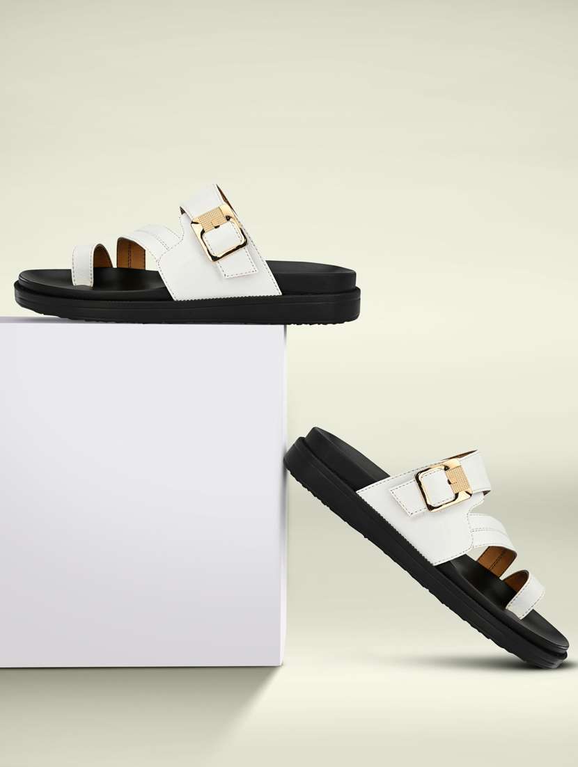 white synthetic & mesh slip on sandals