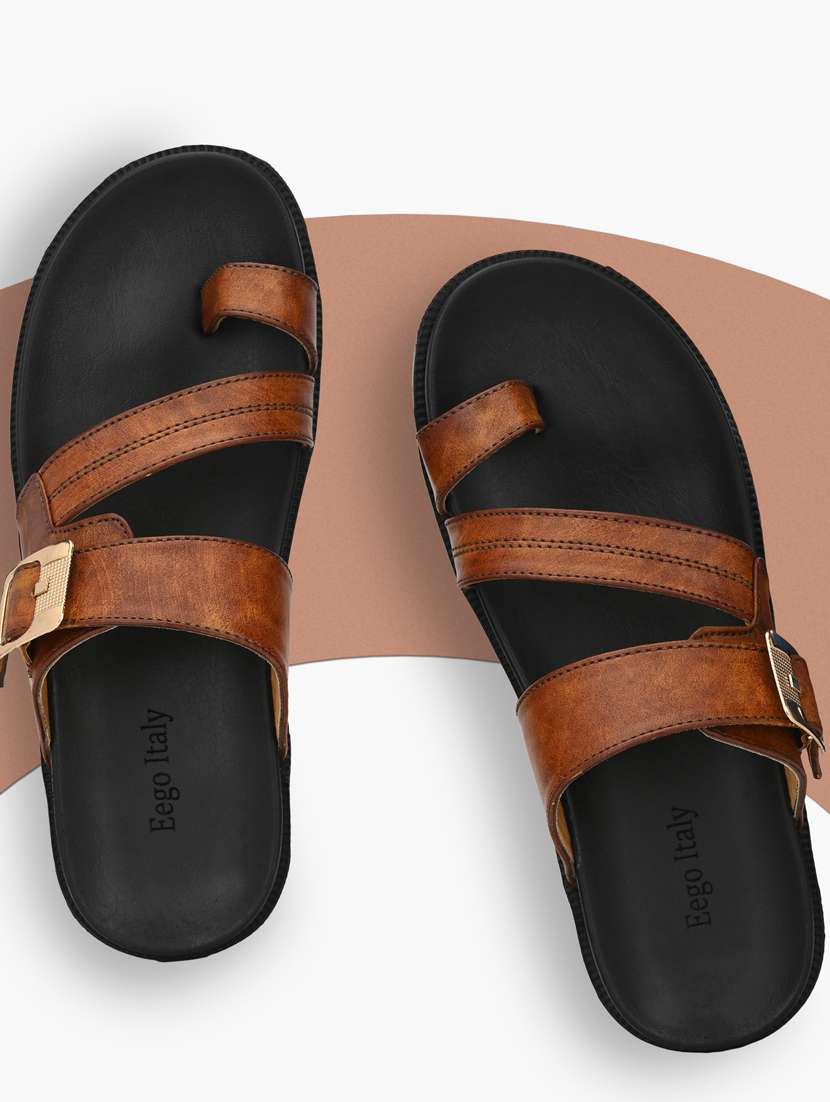 tan synthetic & mesh slip on sandals