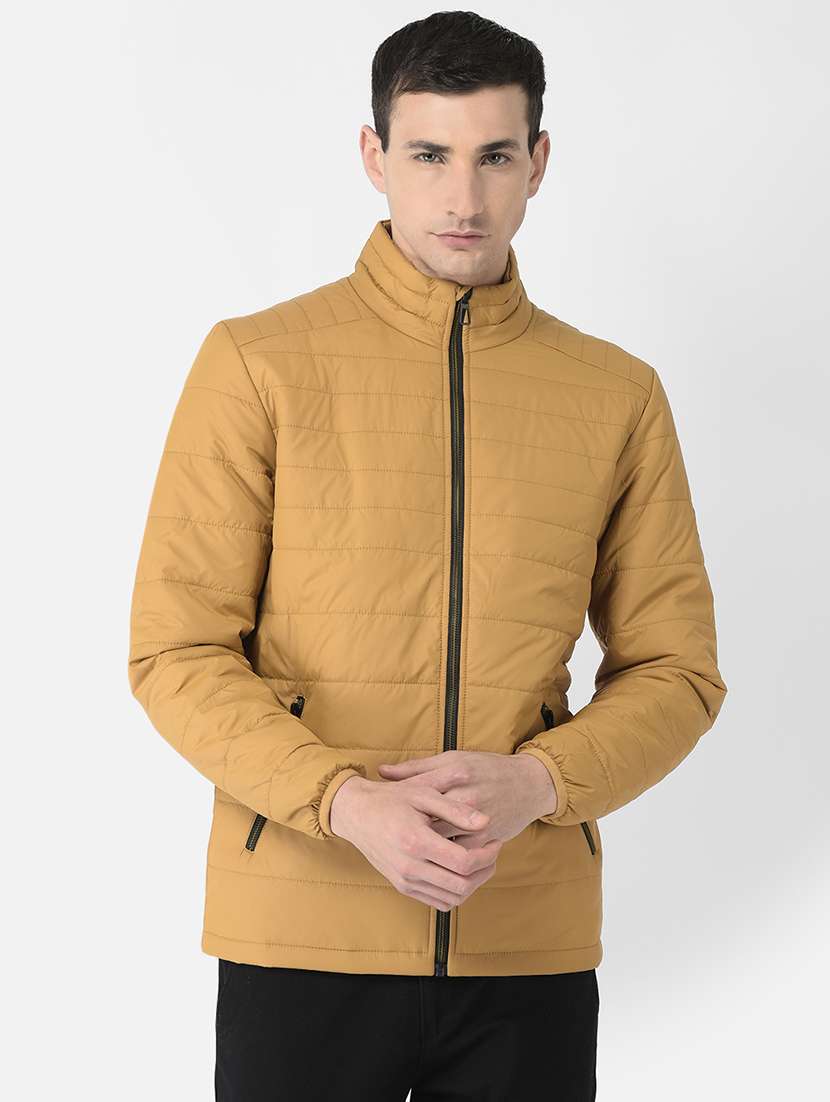 men beige solid long sleeve quilted jacket