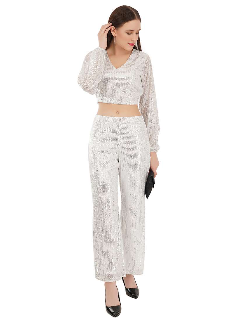 white sequin top and trouser set
