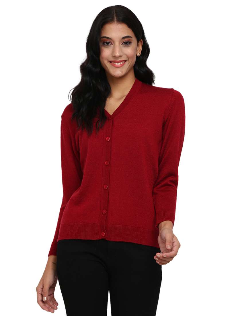 women maroon solid long sleeve cardigan