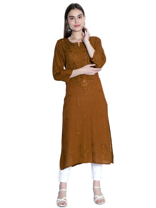 brown embroidered straight kurta - 19207413 - Standard Image - 0