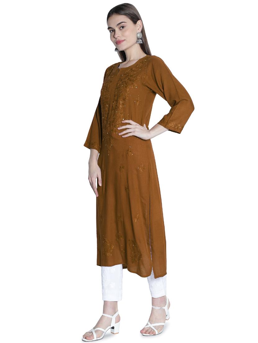 brown embroidered straight kurta - 19207413 - Standard Image - 2