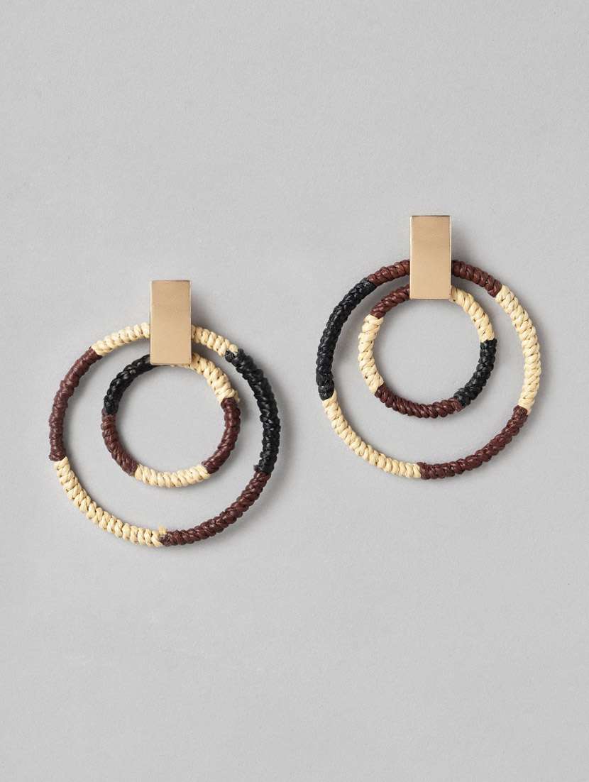 brown & beige circular beaded drop earrings