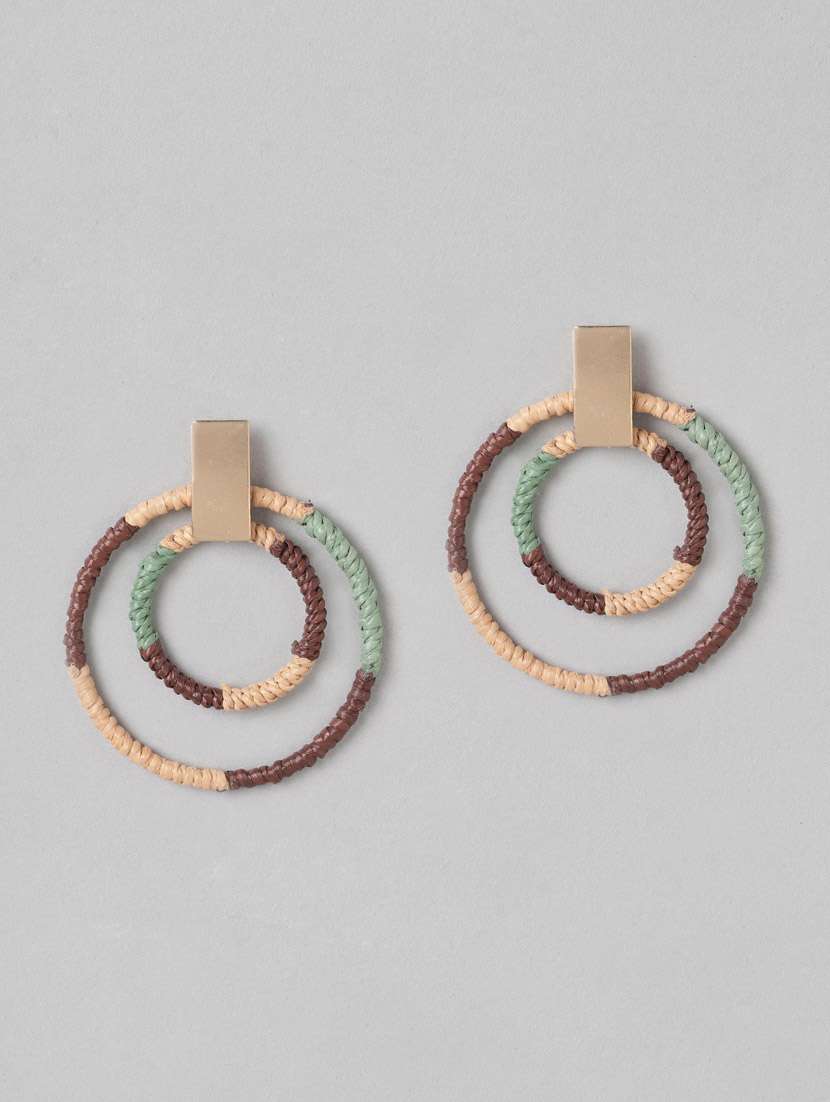 brown & green circular beaded drop earrings