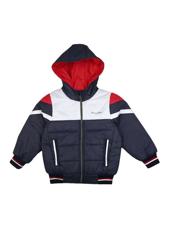 boys colour block hooded neck quilted jacket