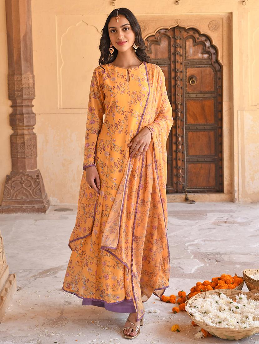 janasya yellow georgette floral printed kurta with flared palazzo and dupatta - 19218487 - Zoom Image - 0