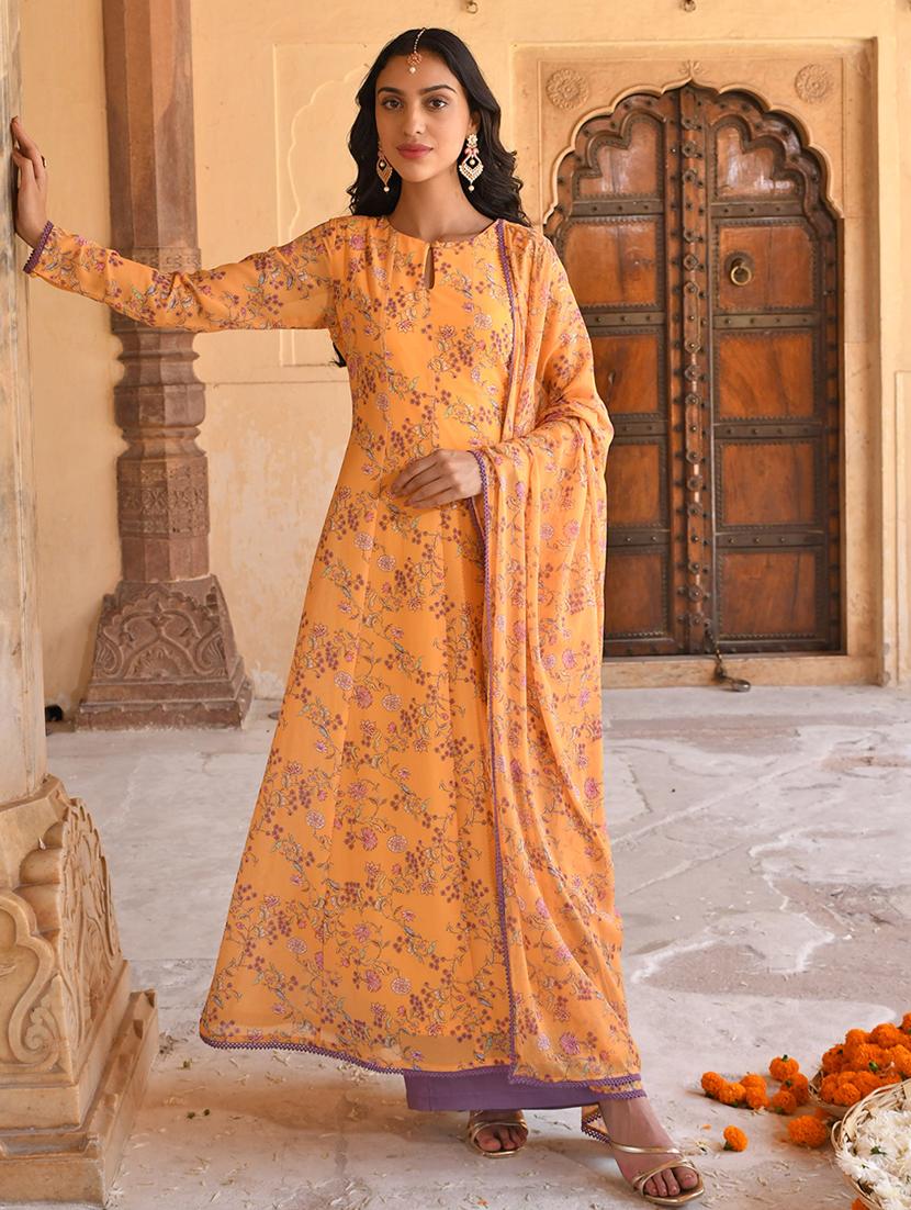 janasya yellow georgette floral printed kurta with flared palazzo and dupatta - 19218487 - Standard Image - 2