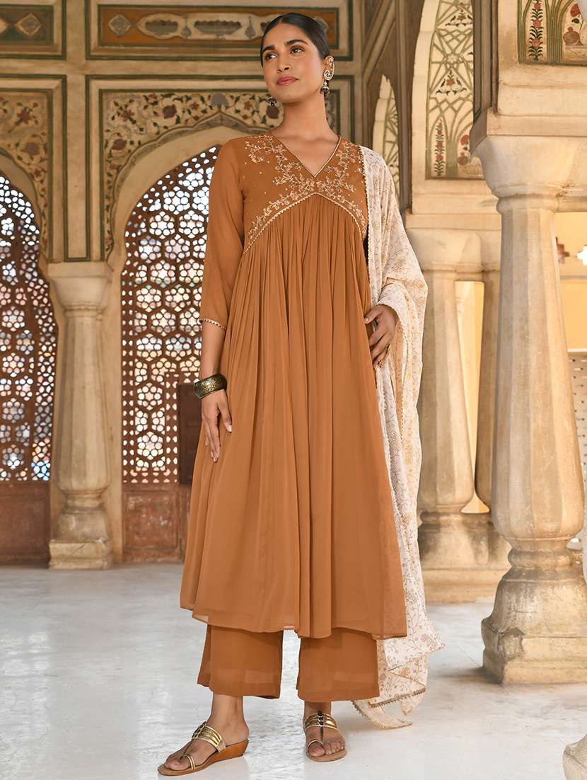 janasya brown georgette yoke embroidery kurta with palazzo and dupatta