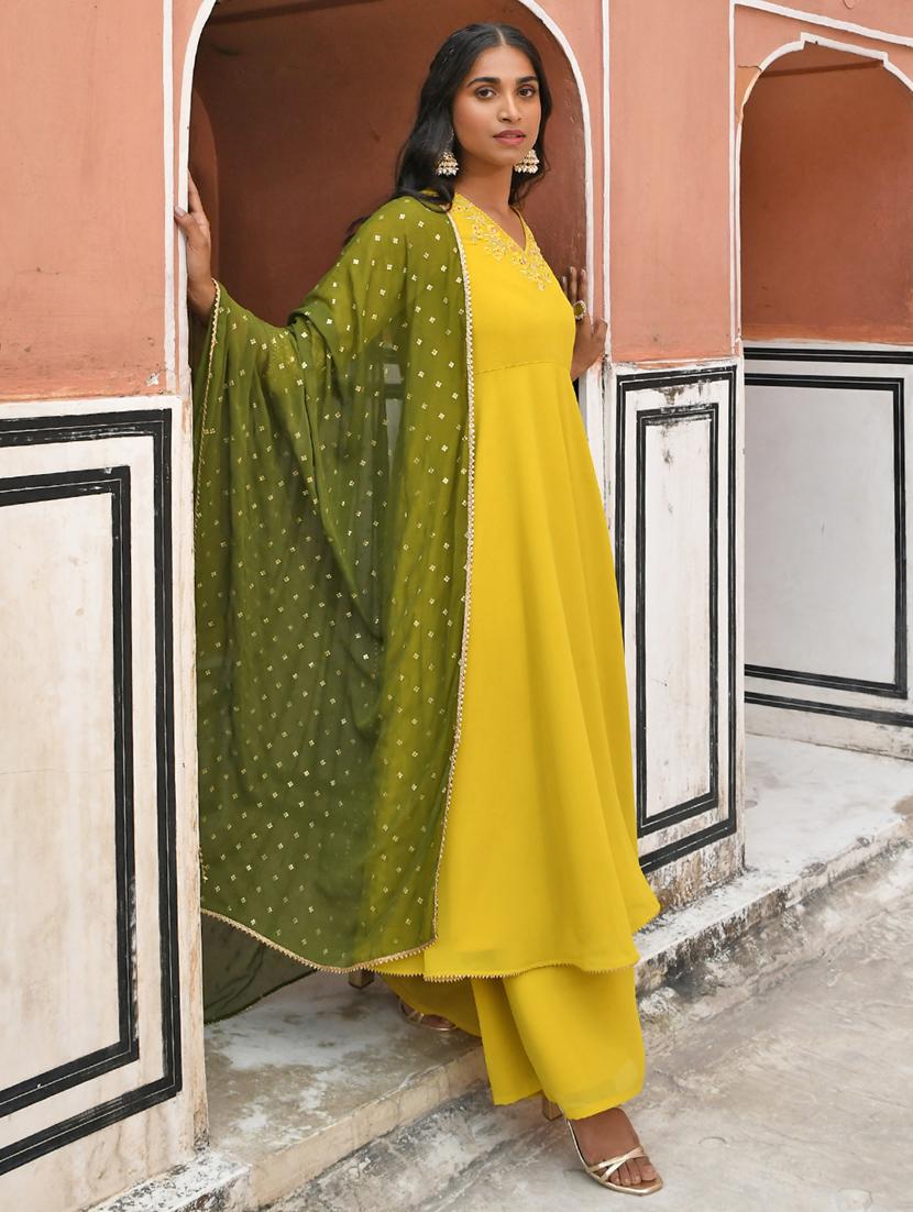 janasya yellow georgette embellished kurta with palazzo and dupatta - 19218518 - Standard Image - 2