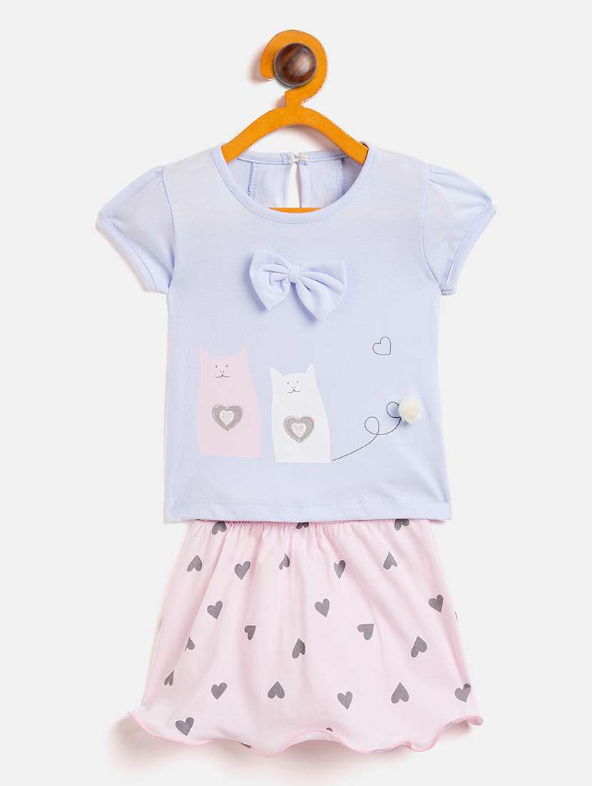 girls round neck printed skirt top