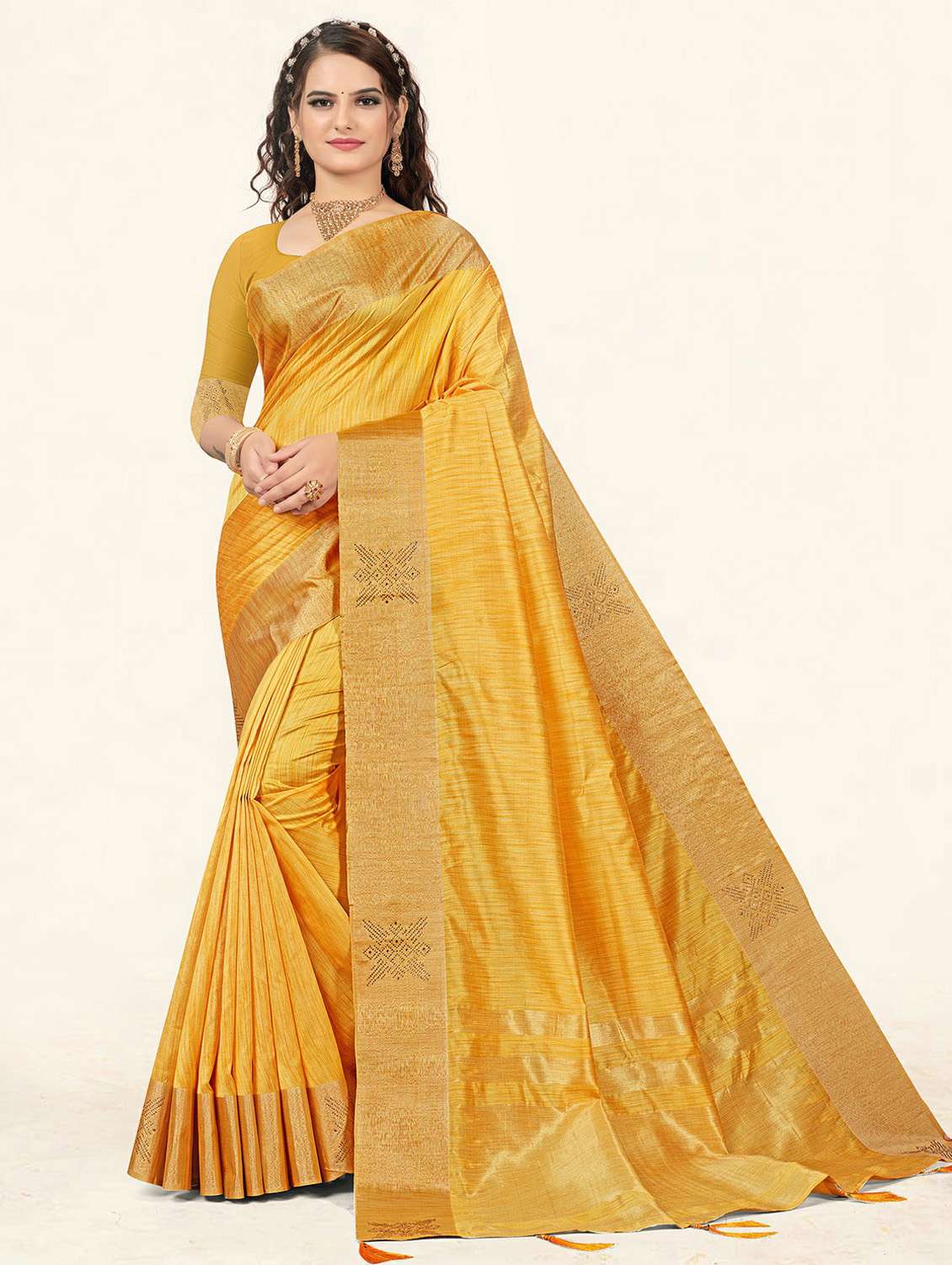 women's self design mustard colored saree with blouse
