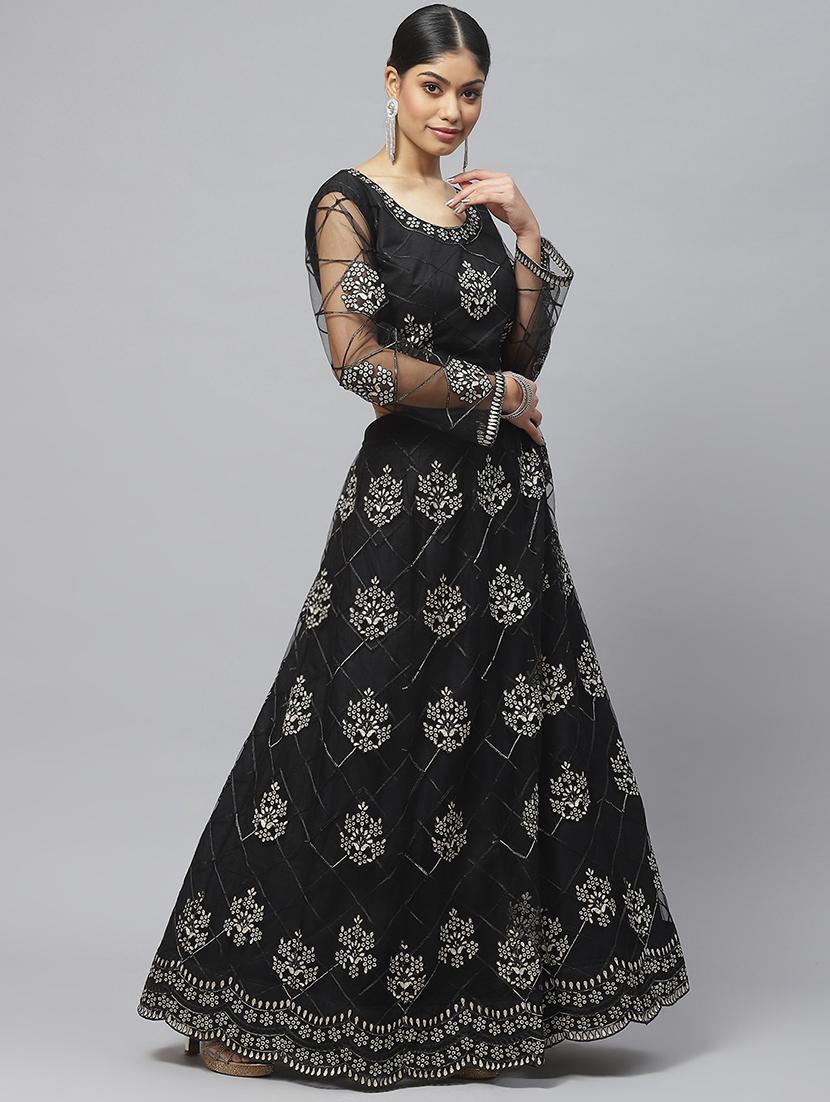 black embroidered flared lehenga - 19242873 - Standard Image - 2
