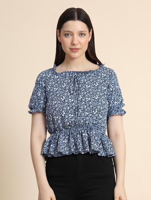 women's blouson round neck top - 19257704 - Standard Image - 0