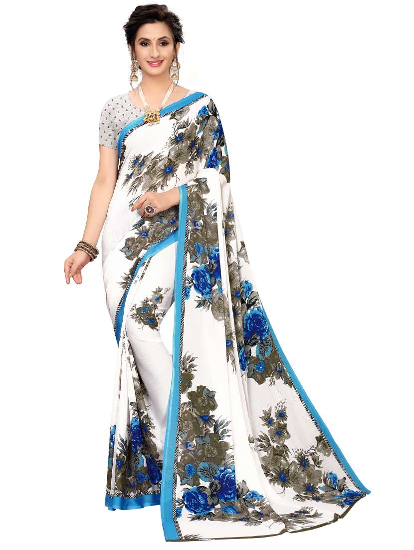 women's floral blue colored saree with blouse