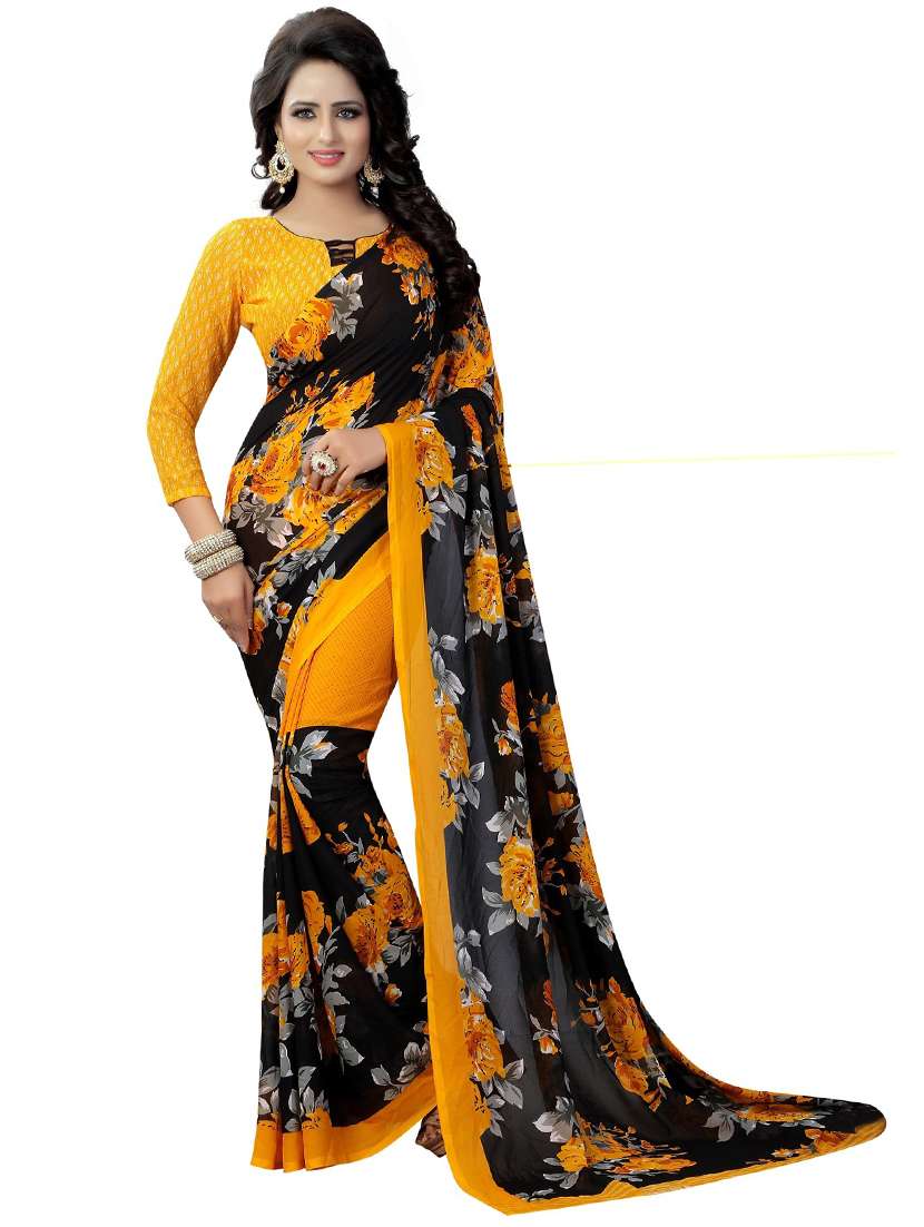 women's floral yellow colored saree with blouse