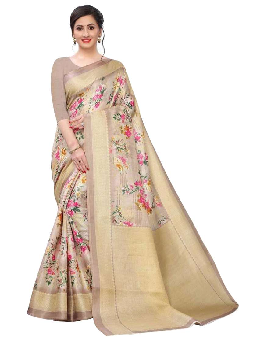 women's floral beige colored saree with blouse