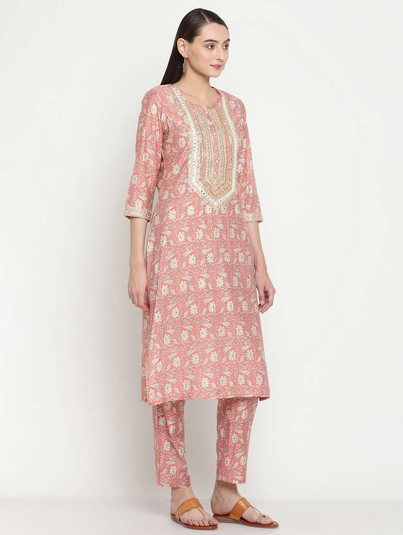 peach three quarter sleeve kurta pant set  - 19264591 -  Standard Image - 2