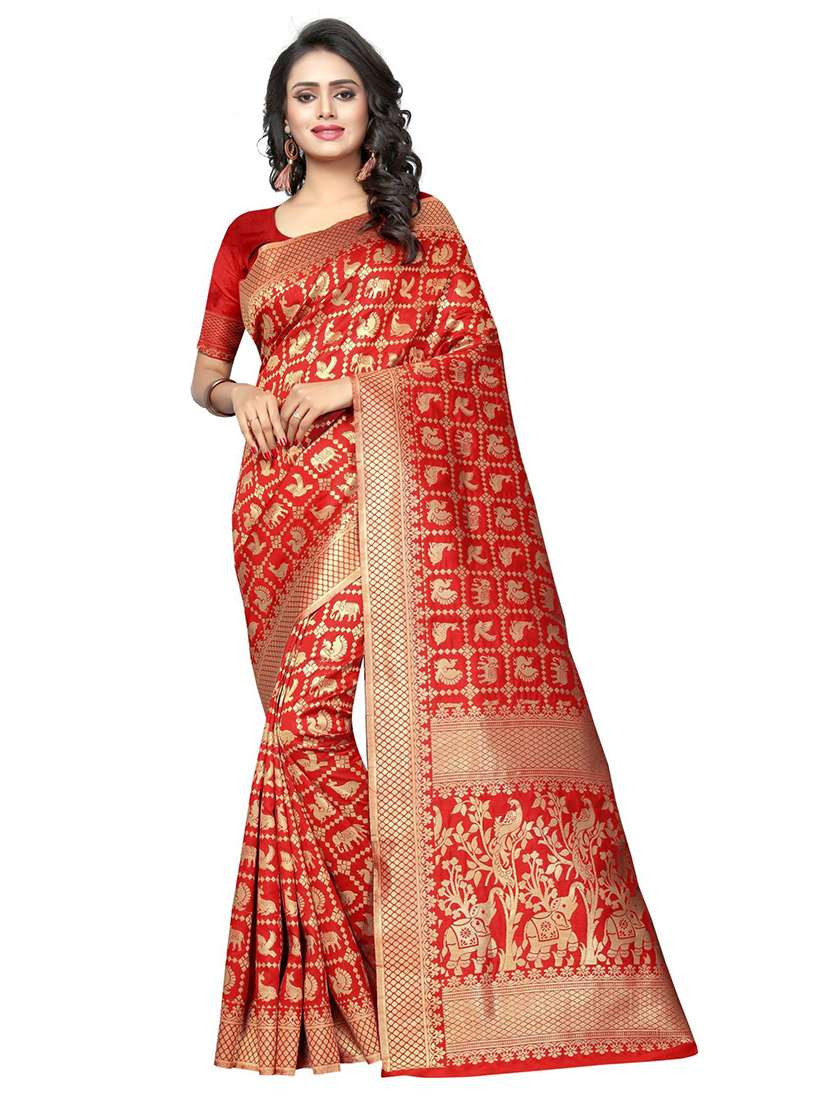 red self design saree with blouse
