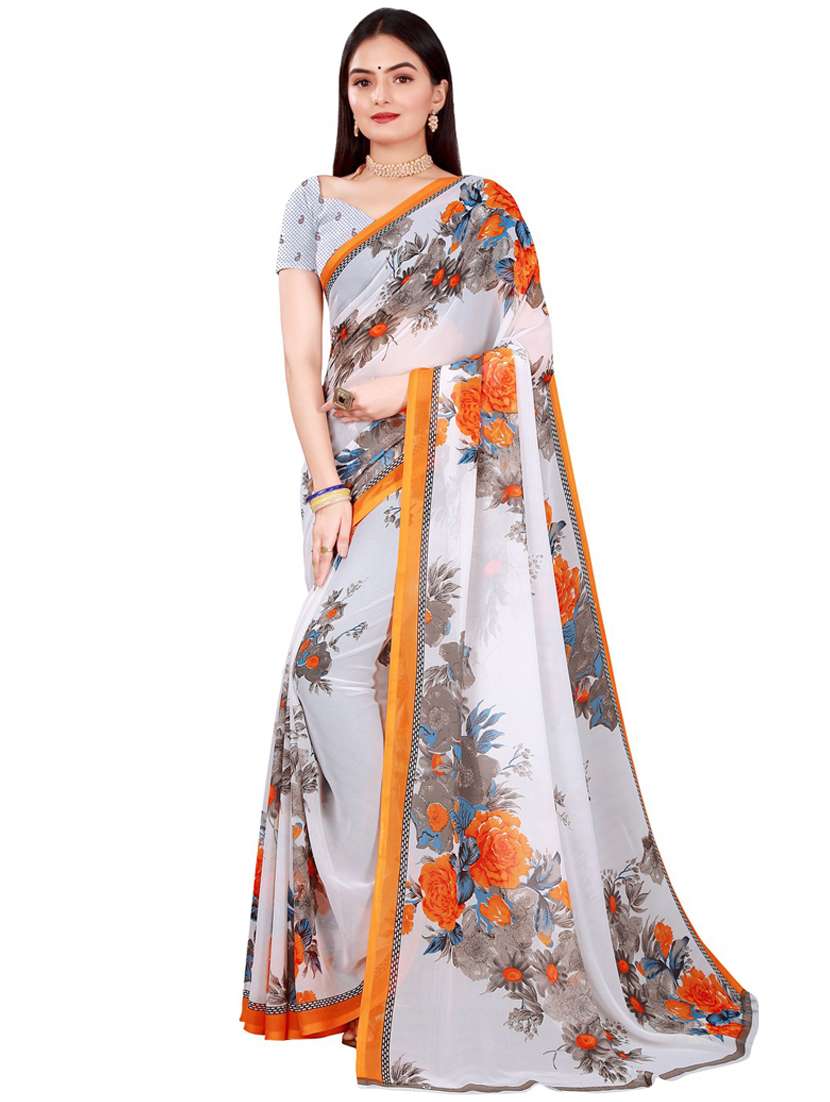 women's floral white colored saree with blouse