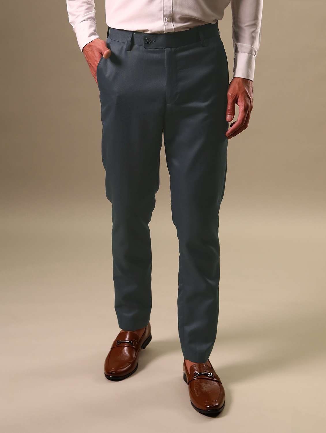 blue solid mid rise flat front formal trouser