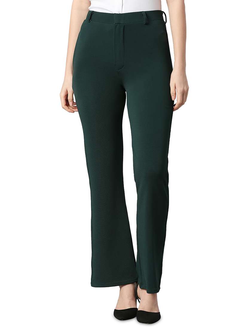 green solid flat front trousers