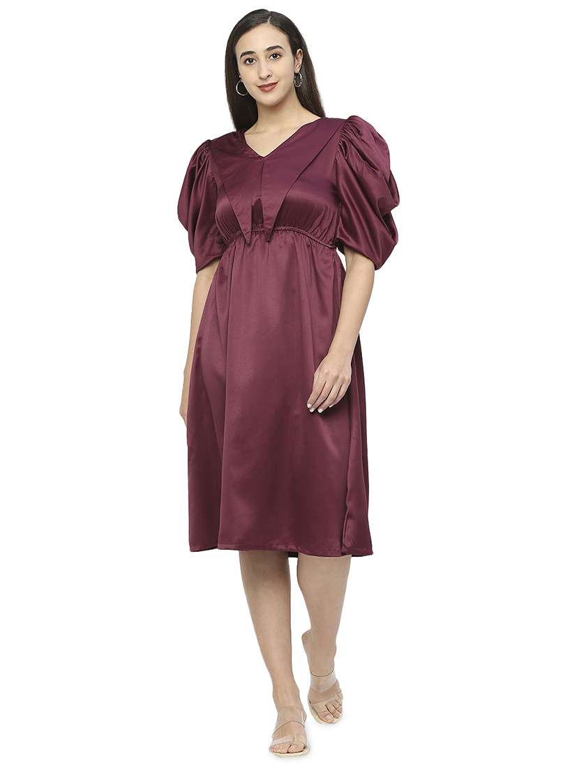 women solid puff sleeves a-line dress