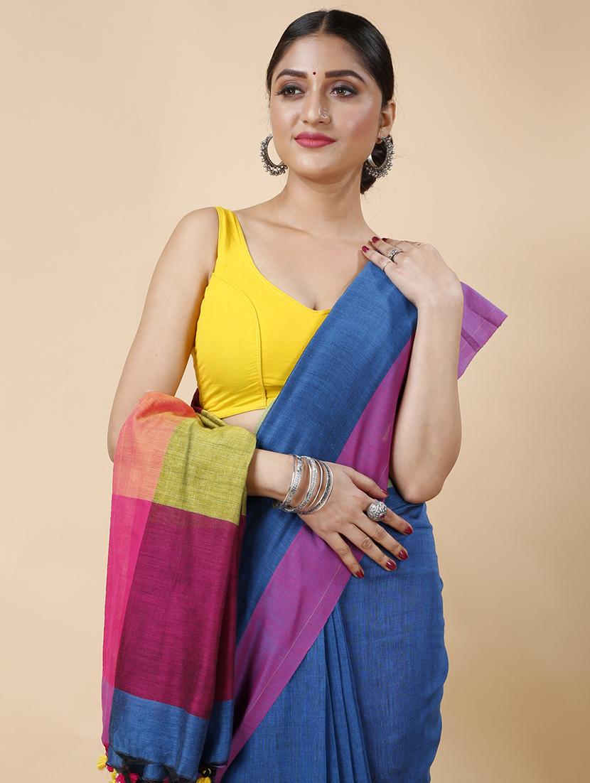 women solid handloom saree with blouse - 19287320 - Standard Image - 2