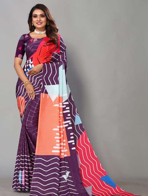 women's printed burgundy colored saree with blouse - 19287385 -  Standard Image - 0