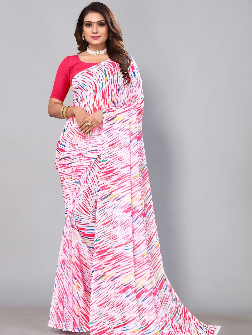 women's printed white colored saree with blouse