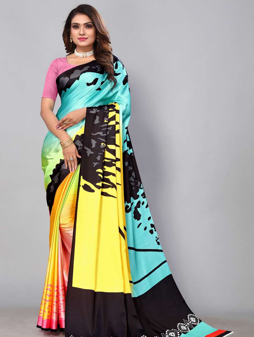 women's printed yellow colored saree with blouse