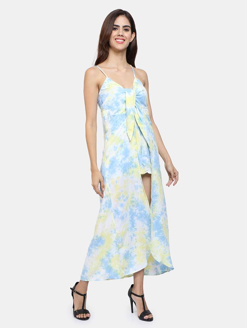 below knee high split leg jumpsuit with attached skirts - 19293300 -  Standard Image - 2