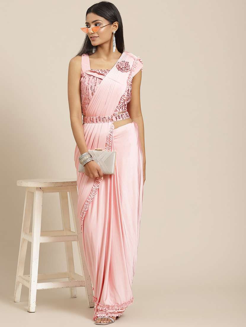 women's self design rosewater colored saree with blouse