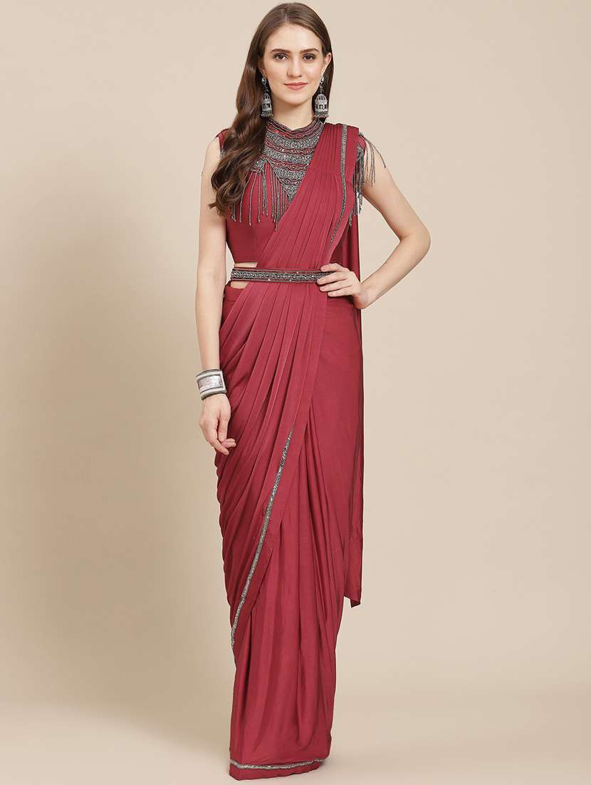 women's self design red colored saree with blouse