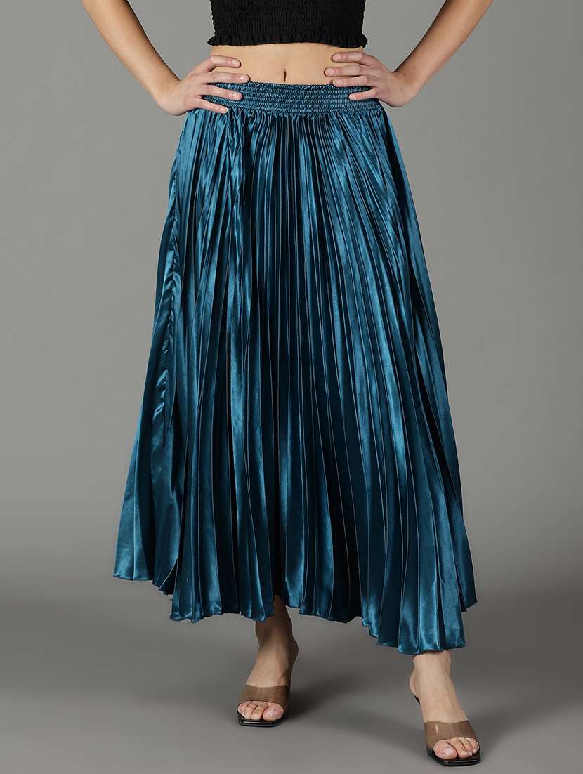 blue flared pleated skirt