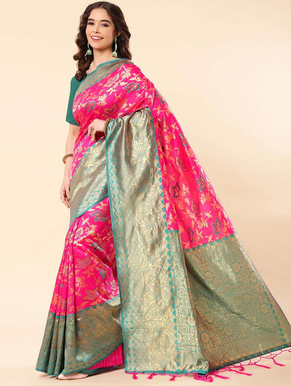 women's self design pink colored saree with blouse