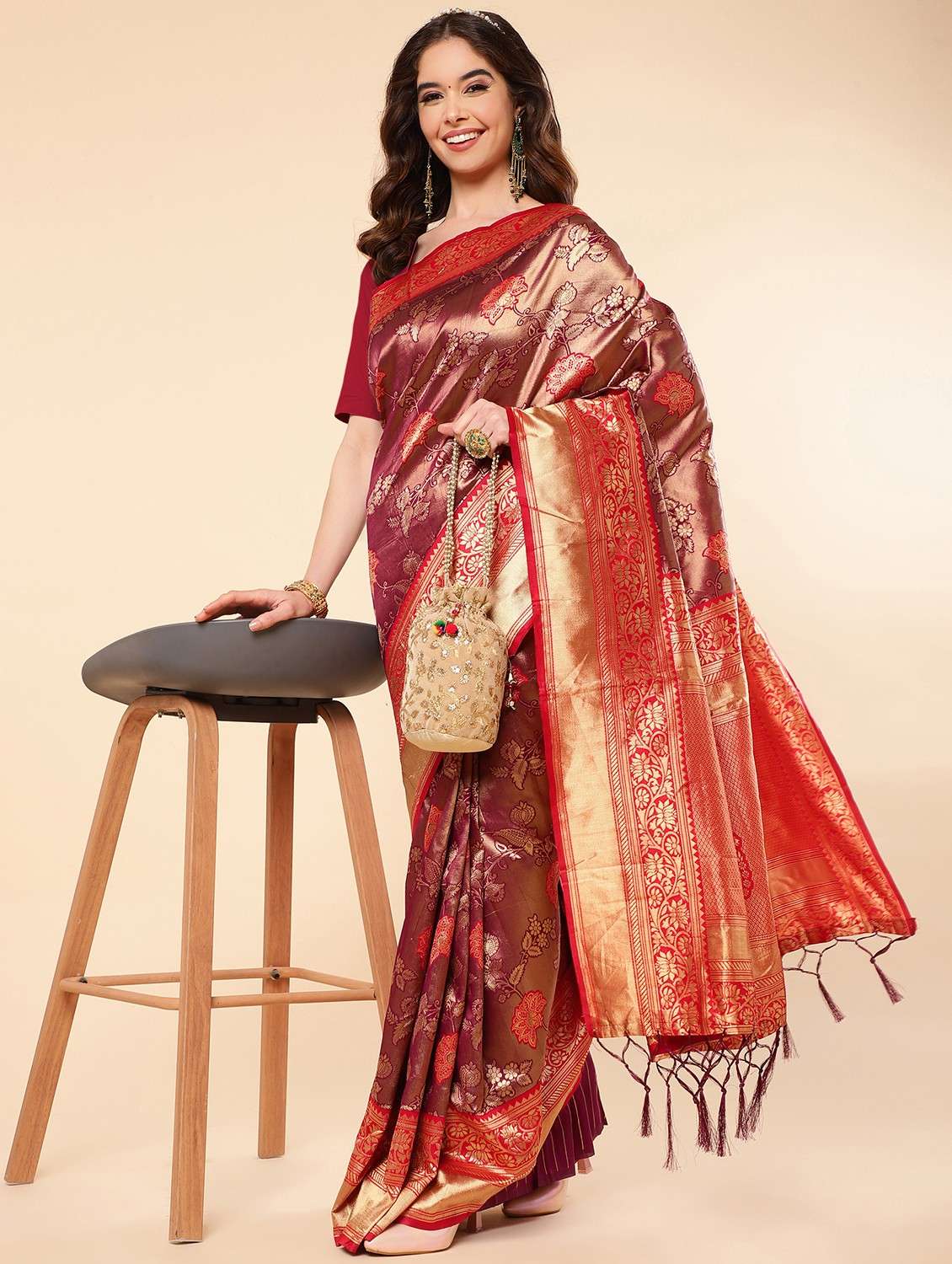 women's self design red colored saree with blouse