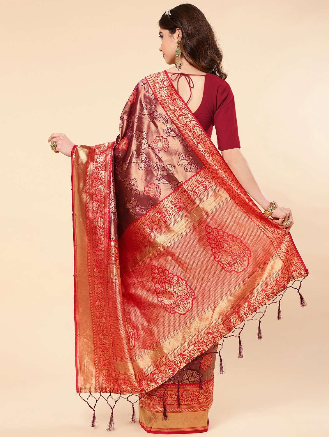Women's Self Design Red Colored Saree With Blouse